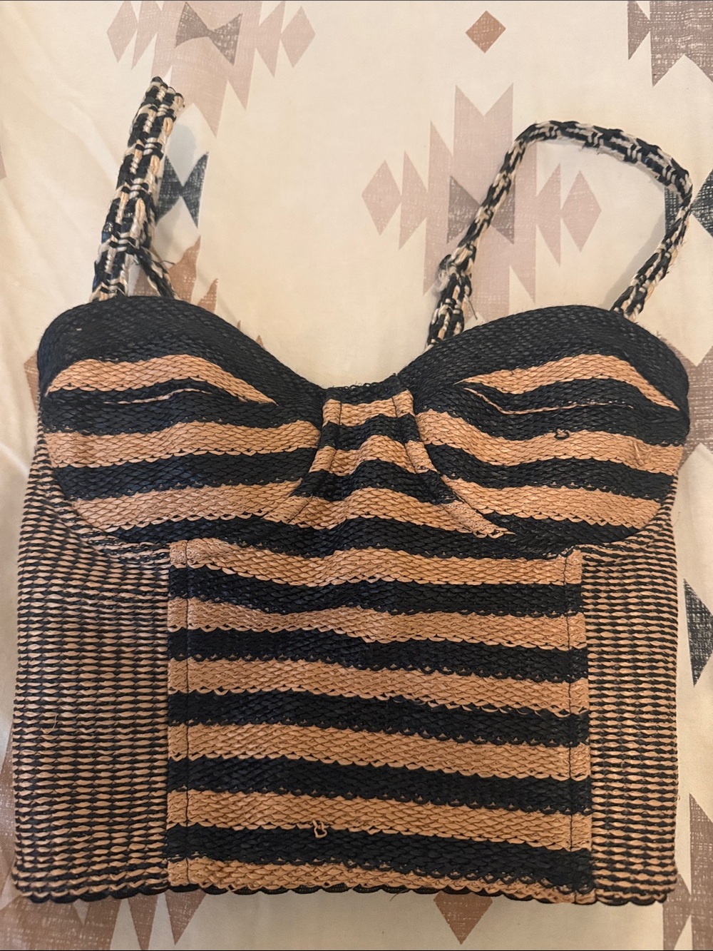Opening Ceremony Black and Cream Striped Knit Bustier Crop Top
